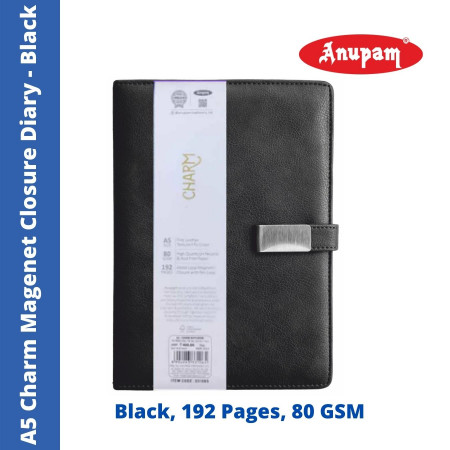 Anupam A5 Black Charm Magnet Cover Diary - Ruled, 192 Pages (331065Black)
