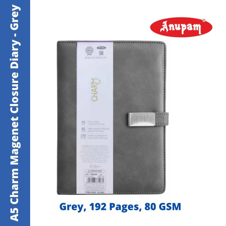 Anupam A5 Grey Charm Magnet Cover Diary - Ruled, 192 Pages (331065Grey)