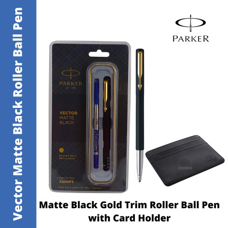 Parker Vector Matte Black Gold Trim Roller Ball Pen with Parker Card Holder (MRP - Rs. 700)