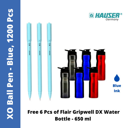 Hauser XO Ball Pen - Blue, 1200 Pcs (Free 6 pcs Flair Water Bottle 650ml)