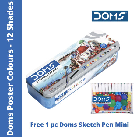 Doms Poster Colours - 12 Shades, Free 1 Doms Water Colour Pens - Sketch Mini; 12 Shades